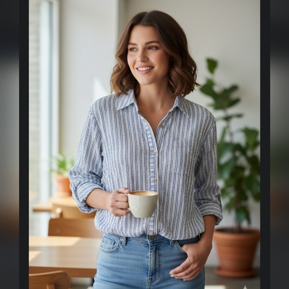 Democracy Blue and White Striped Button-Down Shirt - Picture 1 of 9